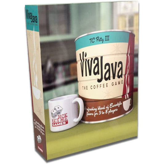 VivaJava: The Coffee Game board game box showing large coffee can and mug with dice on yellow-green background