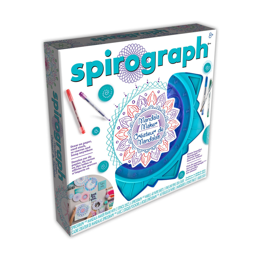 Spirograph Deluxe Mandala Maker art set box showing turquoise drawing machine, colored markers, and sample mandala designs