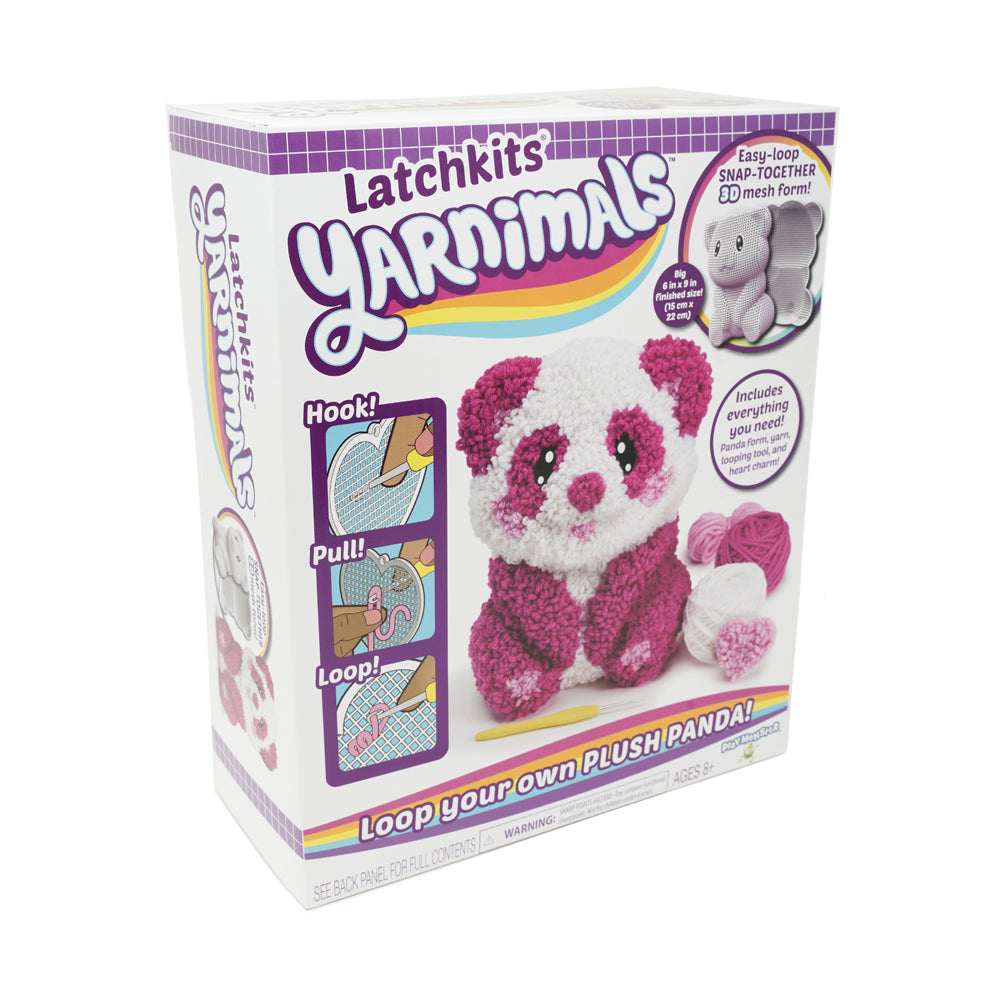 Latchkits Yarnimals craft kit box showing pink and white panda plush with yarn balls and looping tool included
