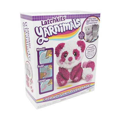 Latchkits Yarnimals craft kit box showing pink and white panda plush with yarn balls and looping tool included