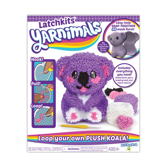Latchkits Yarnimals purple koala craft kit with yarn, looping tool, and finished plush example on packaging
