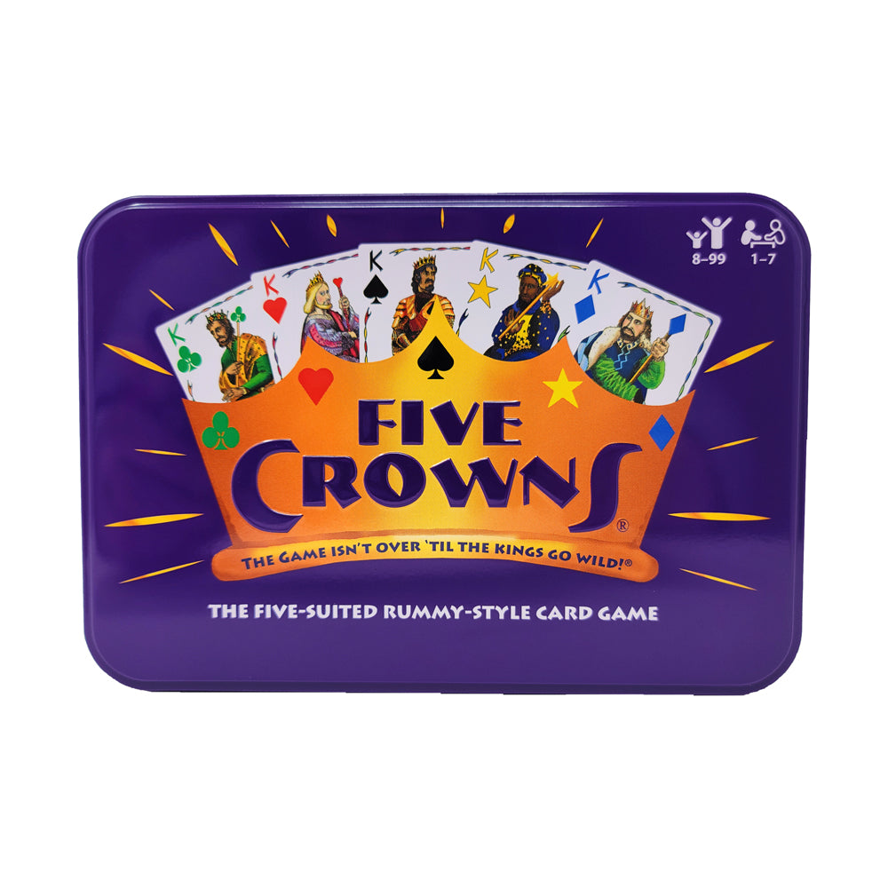 Five Crowns card game box featuring purple background, orange crown logo, playing cards with kings and suit symbols, tagline 'The game isn't over 'til the kings