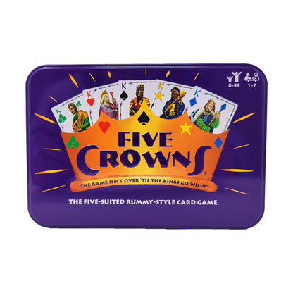 Five Crowns card game box featuring purple background, orange crown logo, playing cards with kings and suit symbols, tagline 'The game isn't over 'til the kings