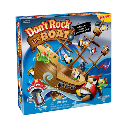 Don't Rock the Boat board game box showing pirate ship with balancing penguin characters and wooden oars, for 2 to 4 players ages 5 and up