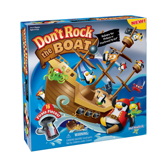 Don't Rock the Boat board game box showing pirate ship with balancing penguin characters and wooden oars, for 2 to 4 players ages 5 and up