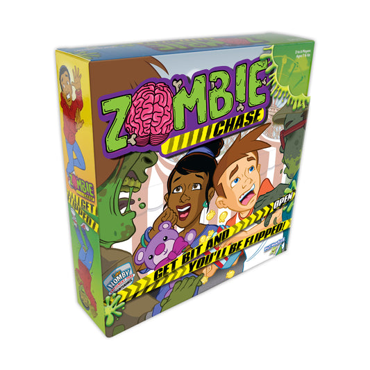 Zombie Chase board game box with green zombie and two children fleeing, yellow and purple branding, tagline 'Get Bit and You'll Be Flipped'