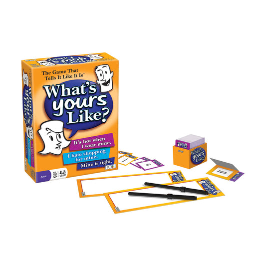 What's Yours Like? board game box with orange and blue packaging, displayed with game components including cards, dry-erase boards, and markers