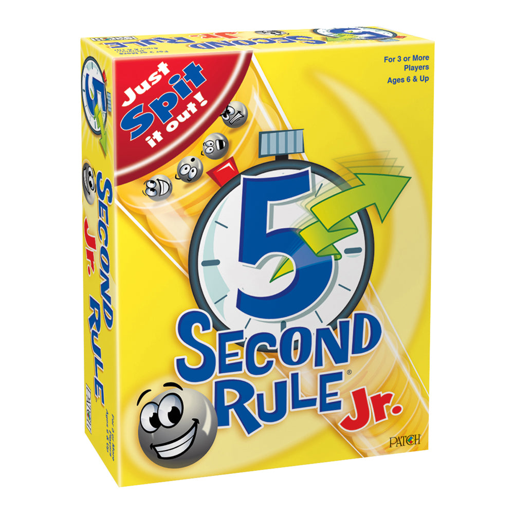 5 Second Rule Jr. board game box with yellow background, featuring a large number 5 with clock face and green lightning bolt, smiling ball character, and text s