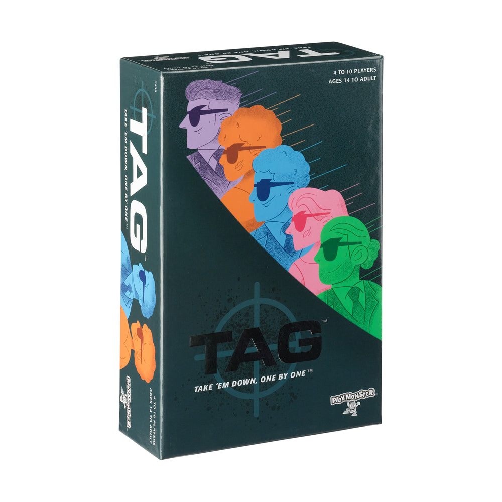 TAG Strategic Identity Game box featuring colorful illustrated character heads in purple, orange, blue, pink, and green on dark teal background, for 4 to 10 pla