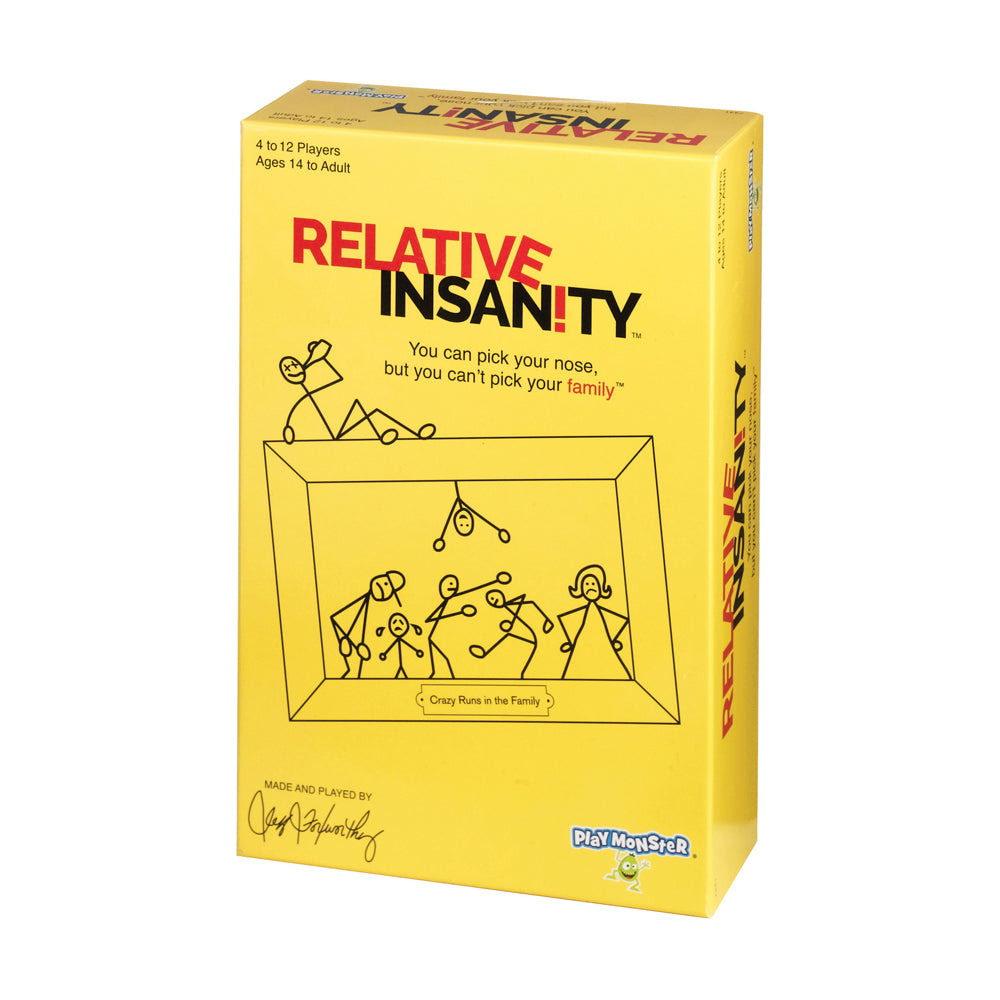 Relative Insanity board game box, yellow with red and black text, showing stick figure family illustration and tagline about picking your nose but not your fami