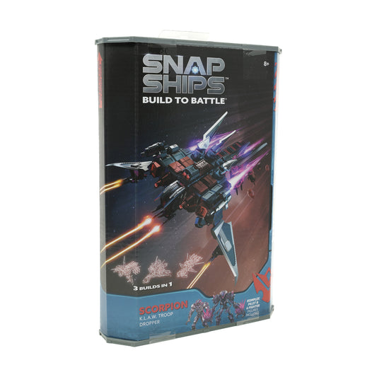 Snap Ships Scorpion K.L.A.W. Troop Dropper building set package showing modular spacecraft with glowing weapons firing, 3 builds in 1, ages 8+