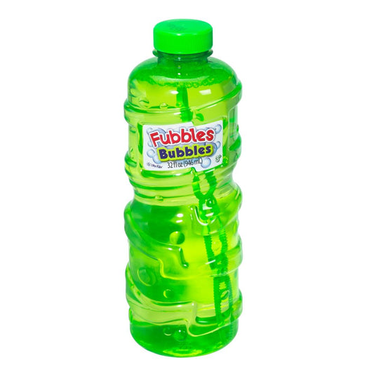 Fubbles Bubbles 32 oz bottle of premium bubble solution with bright green liquid and green screw-on cap