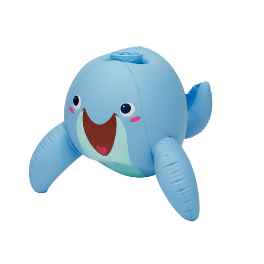 Blue inflatable whale toy with large eyes, open mouth with heart detail, and four stubby legs on plain background