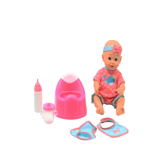 Baby doll with peach-toned skin, blue headband with pink bow, wearing coral outfit with blue whale print, sitting next to pink potty chair, bottle, sippy cup, a