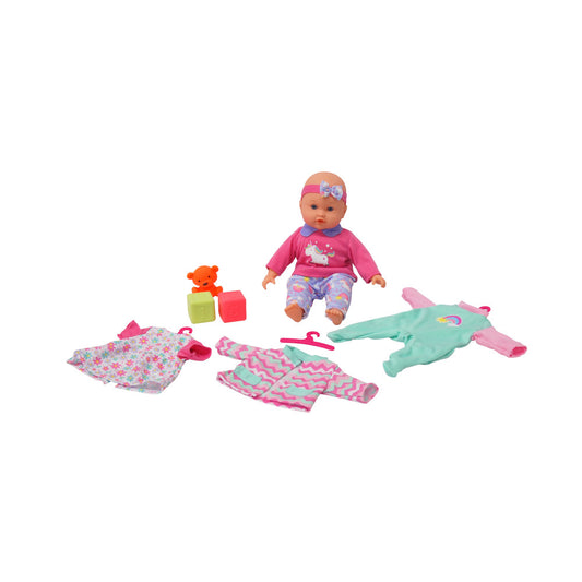 Baby doll with pink outfit and headband surrounded by colorful clothing pieces including patterned dress, chevron pajamas, mint onesie, and small teddy bear acc