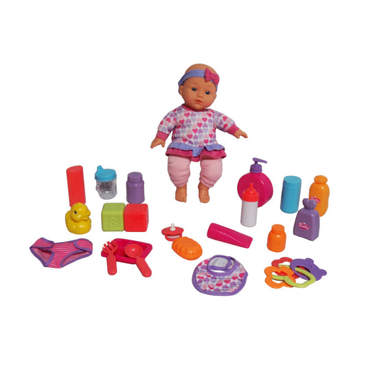 Baby doll wearing heart-patterned shirt and pink pants with purple headband, surrounded by colorful accessories including bottles, food items, bathtub, shoes, a