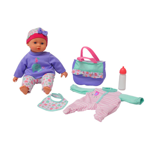 Baby doll wearing purple top and floral pants with coordinating headband, surrounded by accessories including purple and mint diaper bag, pink and mint outfit,