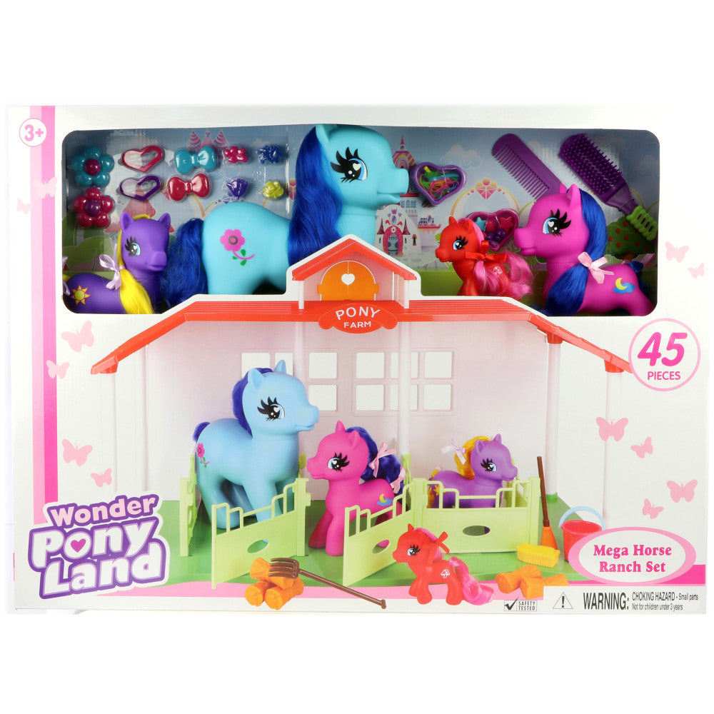 Wonder Pony Land Mega Horse Ranch Set with colorful pony figures, farm barn playset, accessories including combs and decorative pieces, 45 pieces total