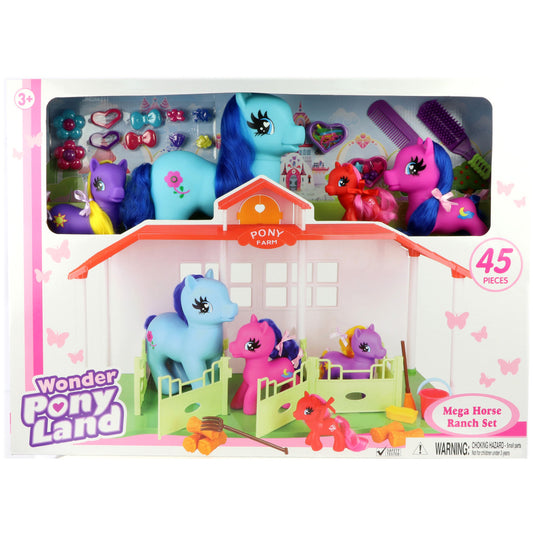 Wonder Pony Land Mega Horse Ranch Set with colorful pony figures, farm barn playset, accessories including combs and decorative pieces, 45 pieces total