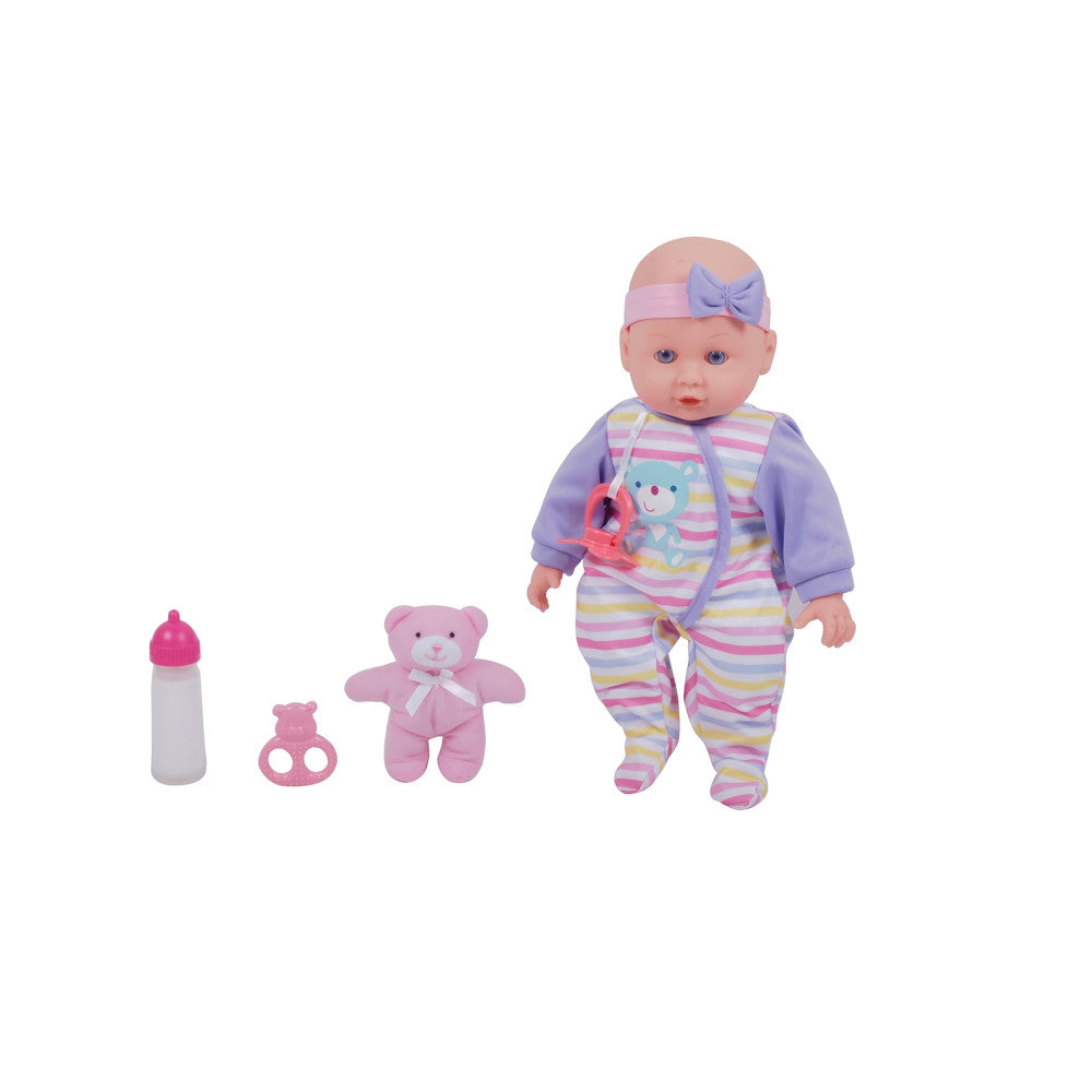 Baby doll with pink headband and purple bow wearing colorful striped pajamas, shown with magnetic accessories including bottle, rattle, and teddy bear