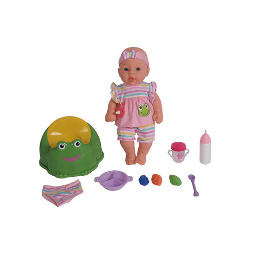 Baby doll wearing pink striped outfit with headband, displayed with accessories including green frog potty seat, colorful play food, bottle, diaper, and purple