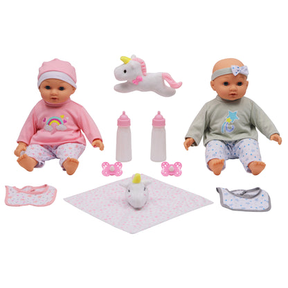 Two 14-inch baby dolls with pink and gray outfits, headbands, unicorn plush toy, two bottles with pink pacifier tops, blanket, and booties