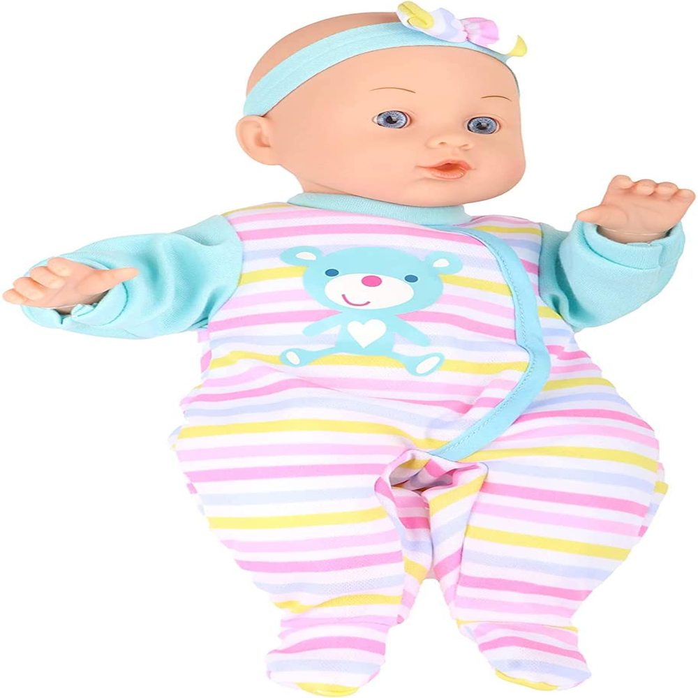 Baby doll with blue eyes and light skin tone wearing colorful striped pajamas with bear design and matching headband with flower accent