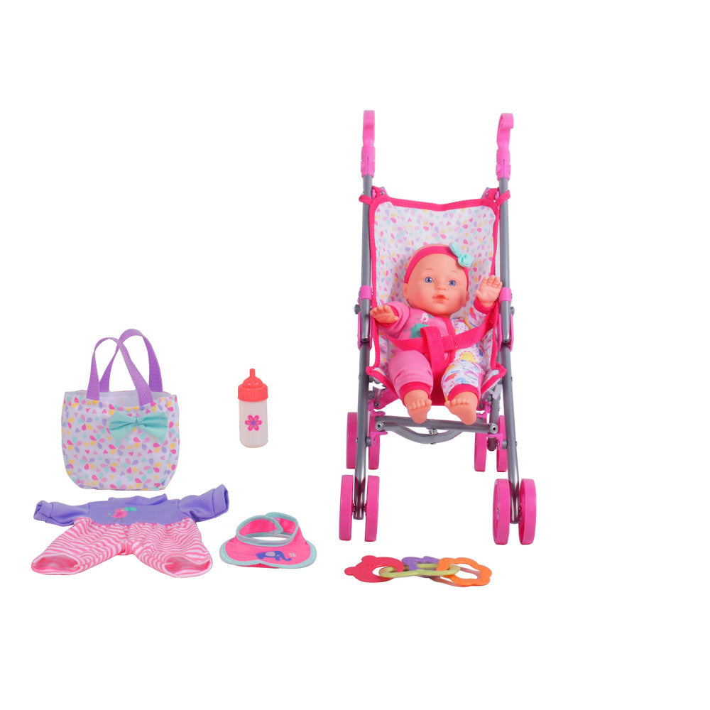 12-inch baby doll in pink outfit sitting in pink and gray stroller with matching tote bag, bottle, doll clothing, hat, and teething rings