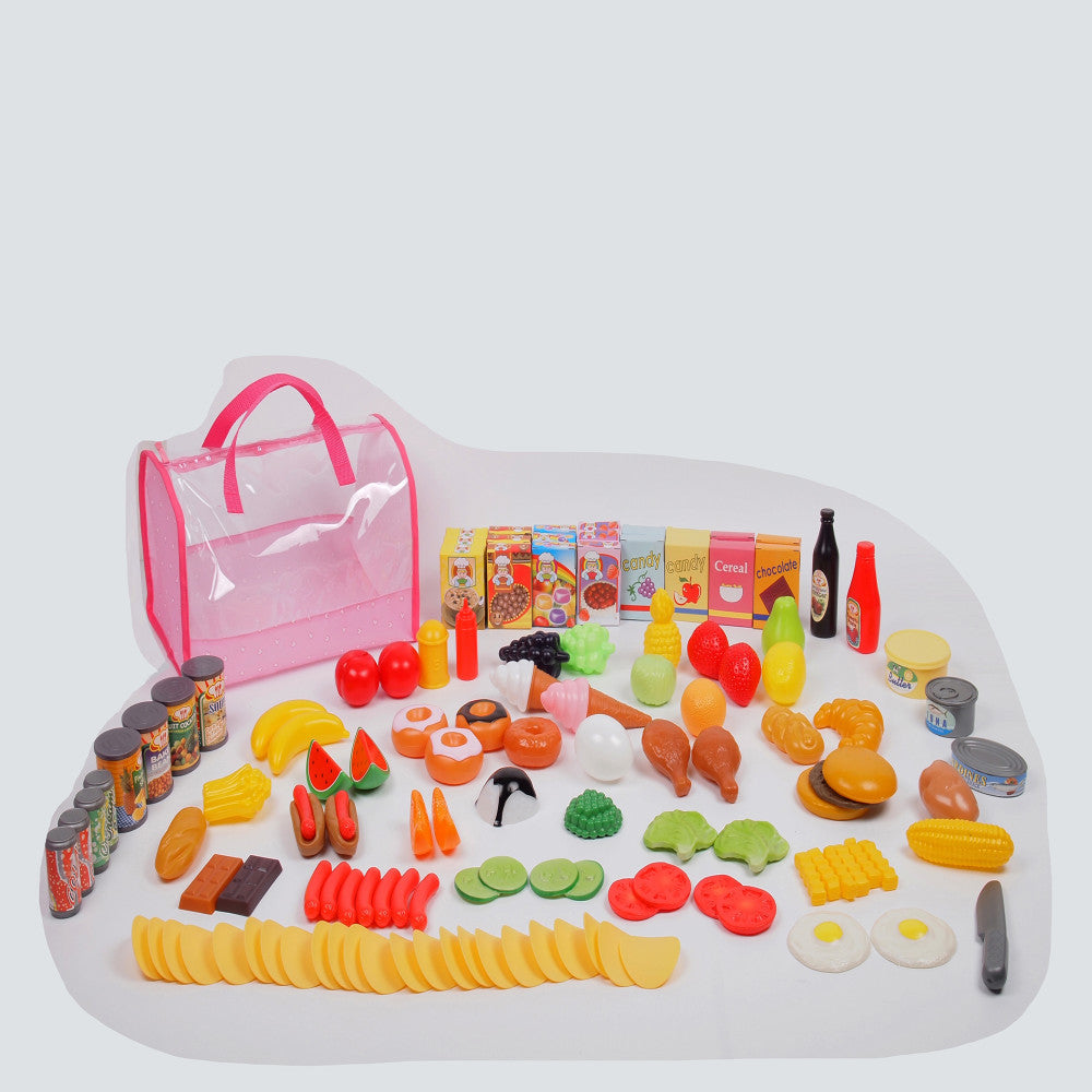 120-piece play food set with pink carrying bag, including pretend fruits, vegetables, packaged foods, beverages, canned goods, and kitchen accessories on white