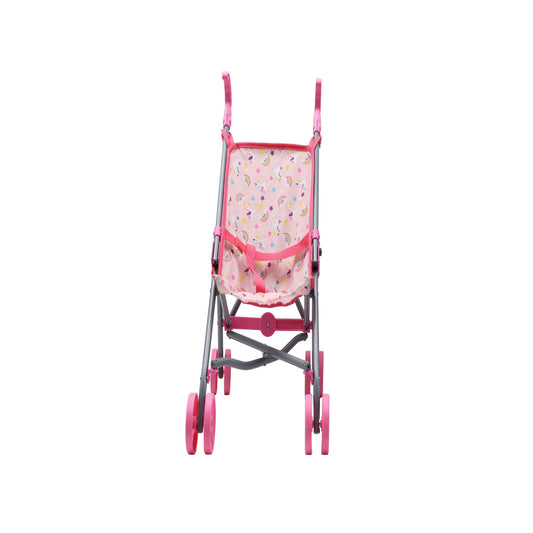 Pink doll stroller with gray frame and rainbow-and-star patterned fabric seat, shown from front view against plain background