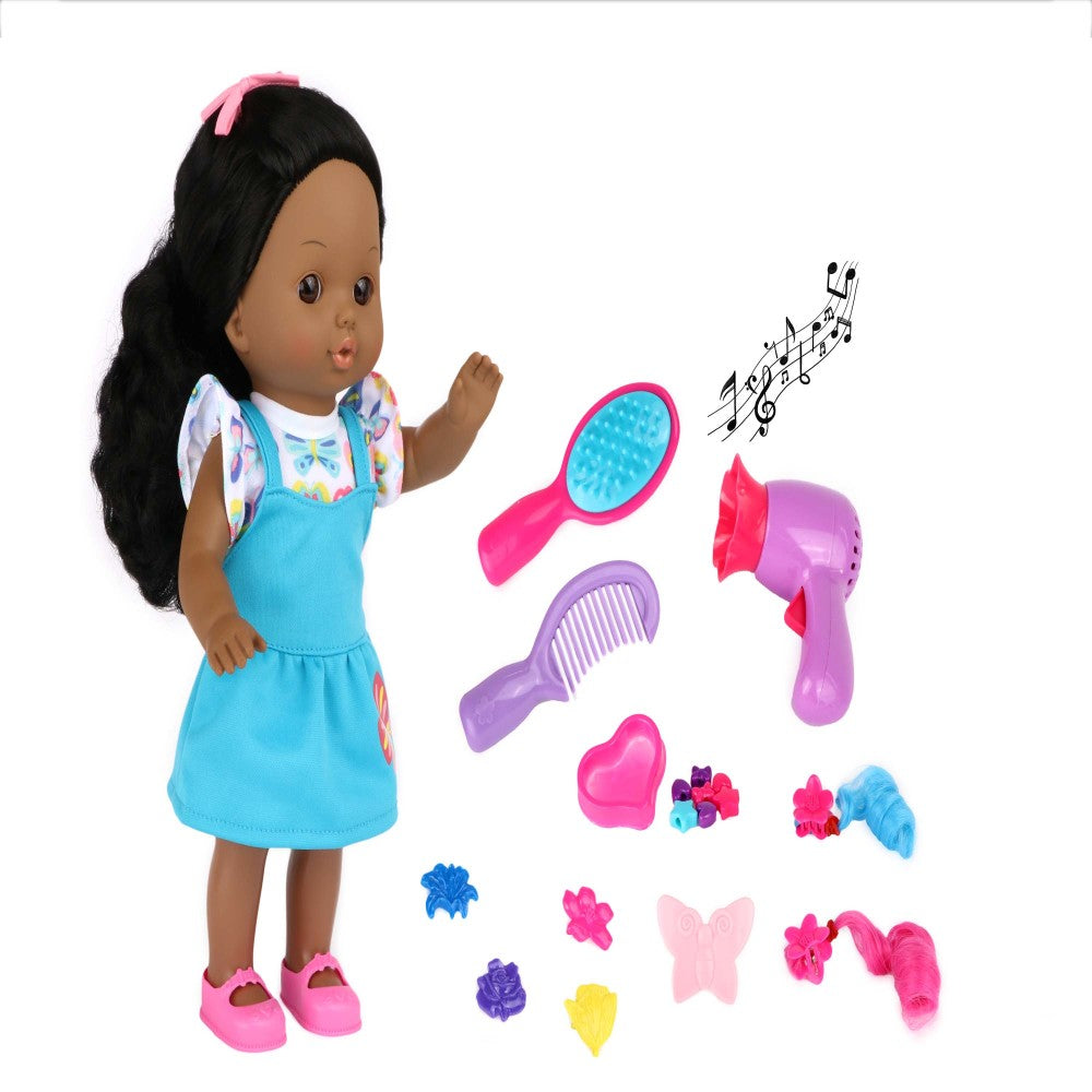 12-inch doll with long black hair and pink bow wearing blue dress, modeled with hair styling accessories including brushes, combs, clips, and hair pieces in pin