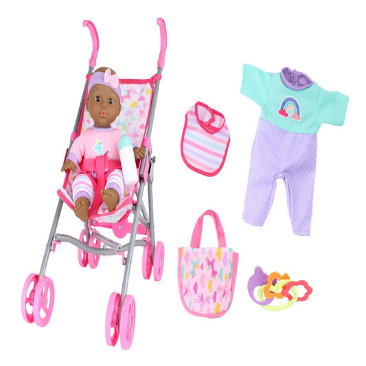 Dream Collection baby doll care gift set with pink stroller, brown-skinned doll wearing pink outfit, striped leggings, and purple headband, plus extra outfit in