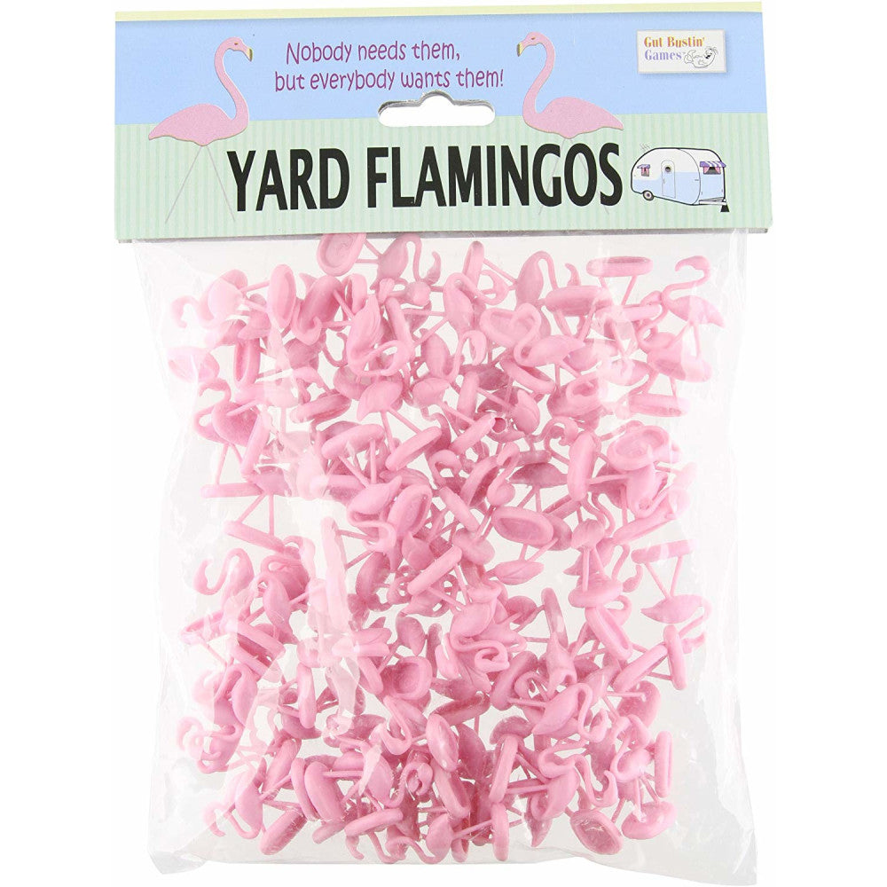 Package of Yard Flamingos by Gul Bustin' Games containing 100 small pink plastic flamingo lawn ornaments
