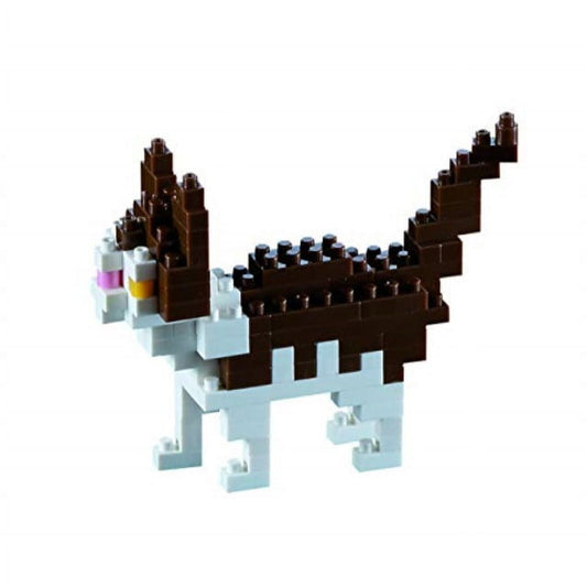 Pixelated brown and white cat building blocks set with colorful accent pieces on white background