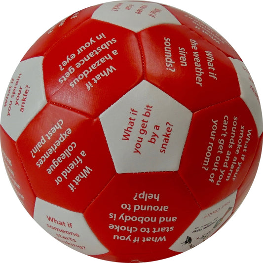Red and white discussion ball with printed scenario questions and prompts for emergency response role-play activities