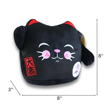 Maneki Neko Lucky Cat Velboa Cushion - 8" Black Closed Eye
