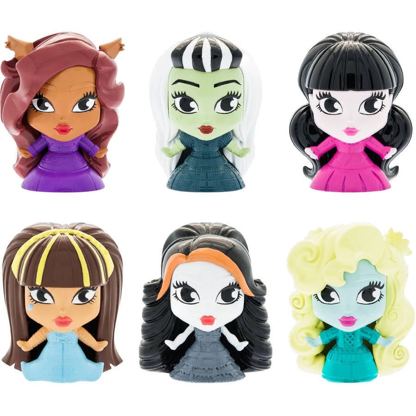 Six Monster High Fash'ems collectible squishy toy heads with different character designs, colors, and hairstyles in purple, green, black, brown, and yellow