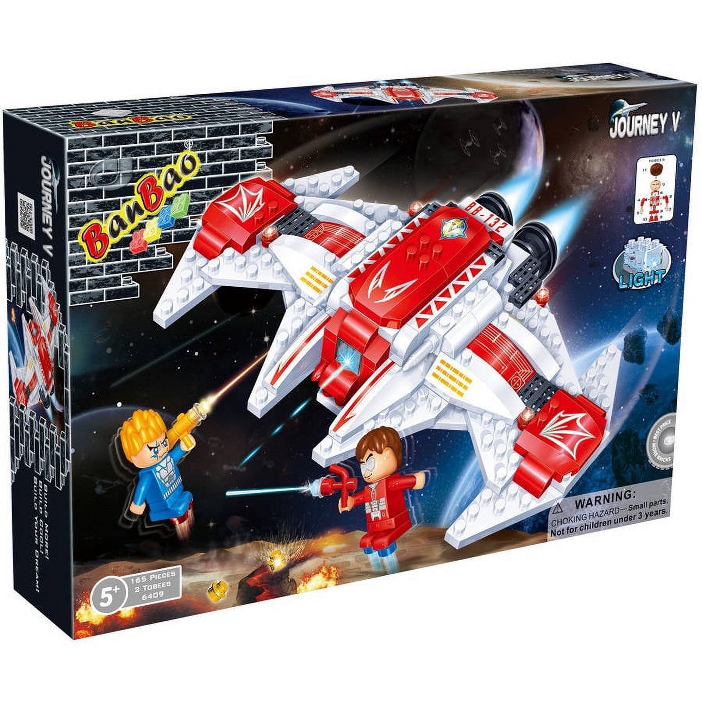 Banbao V-twelve Starfighter building set box showing red and white spaceship with light-up features, two minifigures, and 168 pieces