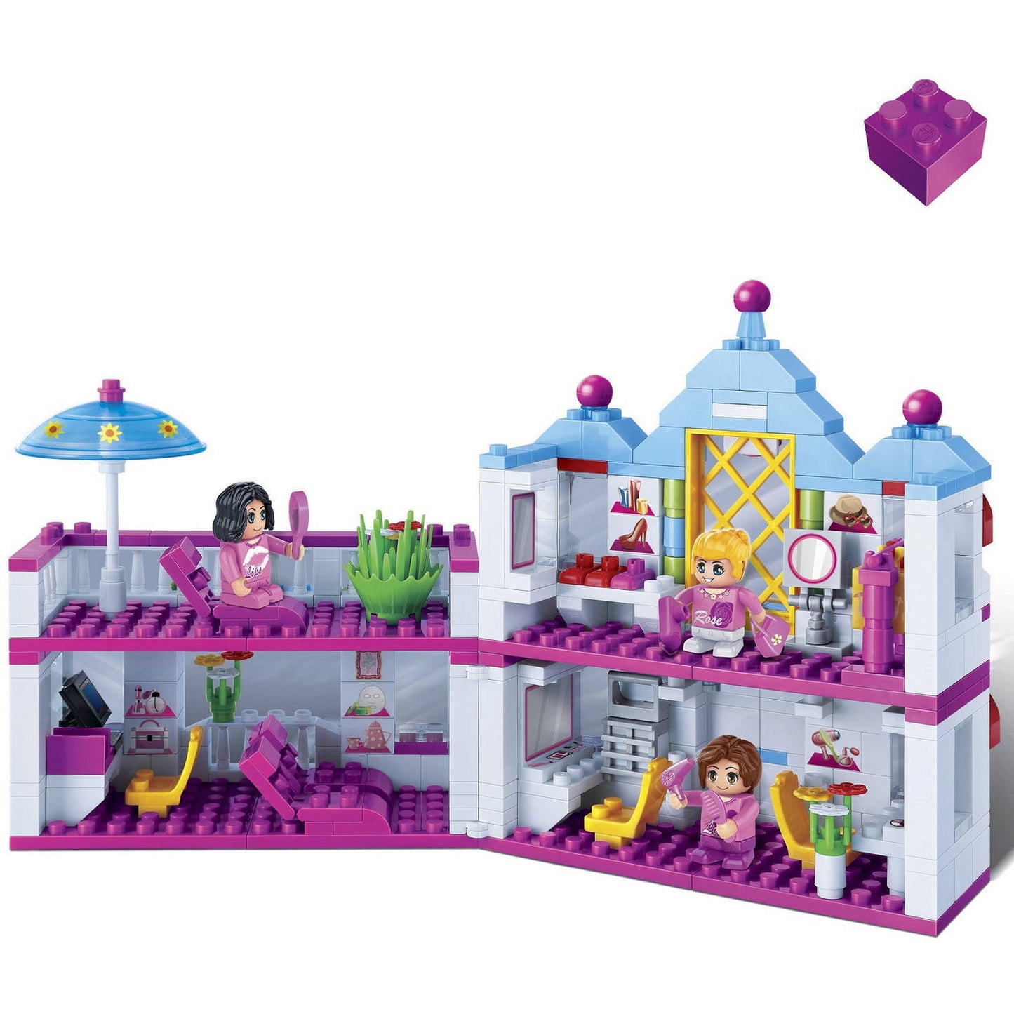 BanBao Trendy City Beauty Salon building set with pink and blue brick blocks, two minifigures, salon chair, styling station, kitchen area, umbrella, potted plan