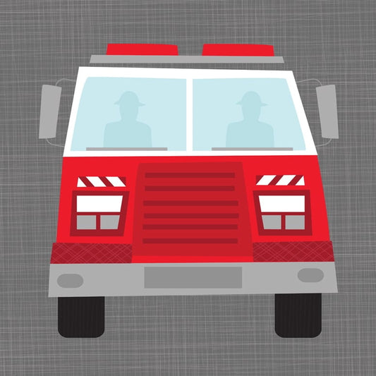 Red and white illustrated fire truck with light bar, windshield, headlights, and grille on gray textured background