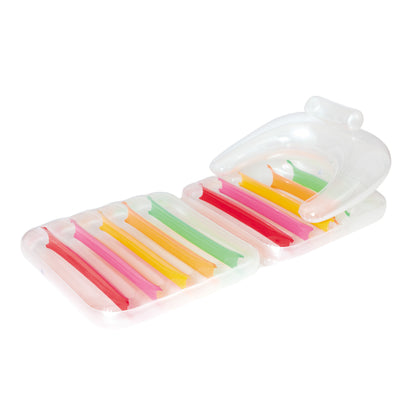 Clear inflatable lounger with colorful striped design in red, pink, yellow, orange, and green