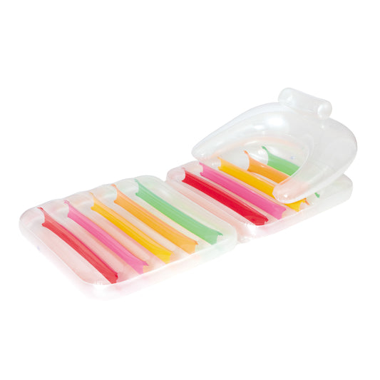 Clear inflatable lounger with colorful striped design in red, pink, yellow, orange, and green