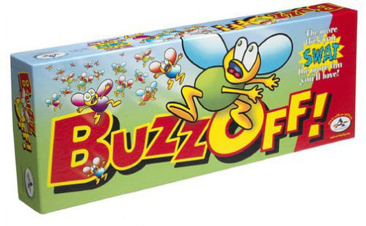 Buzz Off board game box featuring cartoon bees with the game title in large yellow letters on red background