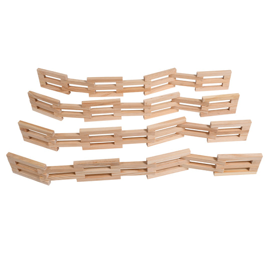 Four curved wooden fence sections with slatted design, arranged in a cascading display on a plain white background