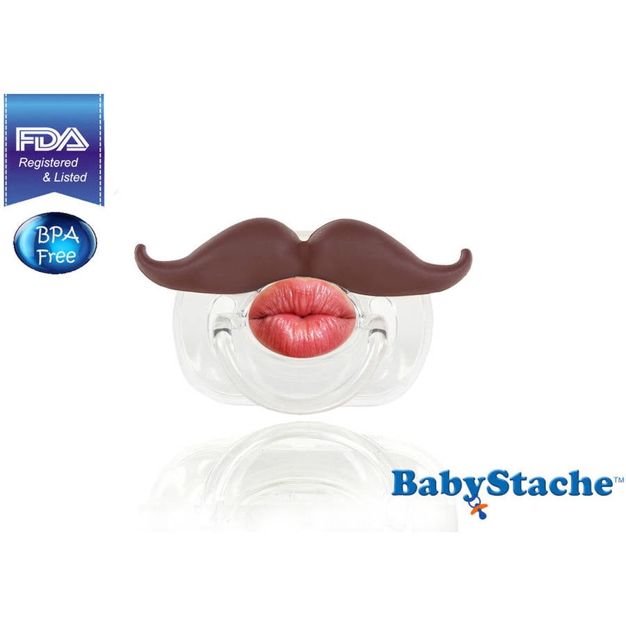 BabyStache pacifier with brown mustache design and red lips on clear nipple, FDA registered and BPA free