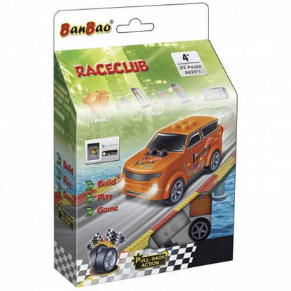 BanBao RaceClub orange pull-back race car with black accents on package showing build, play, game steps and pull-back action feature