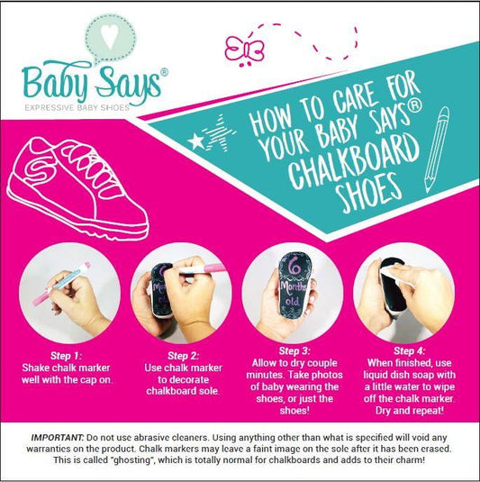 How to Care for Your Baby Says Chalkboard Shoes instruction graphic: shake chalk marker, decorate sole, let dry, clean with soap and water