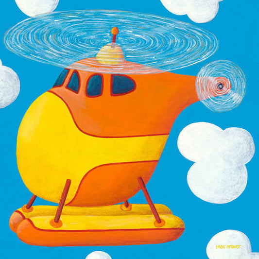 Colorful illustration of a whimsical orange and yellow helicopter with spinning propellers against a bright blue sky with white clouds