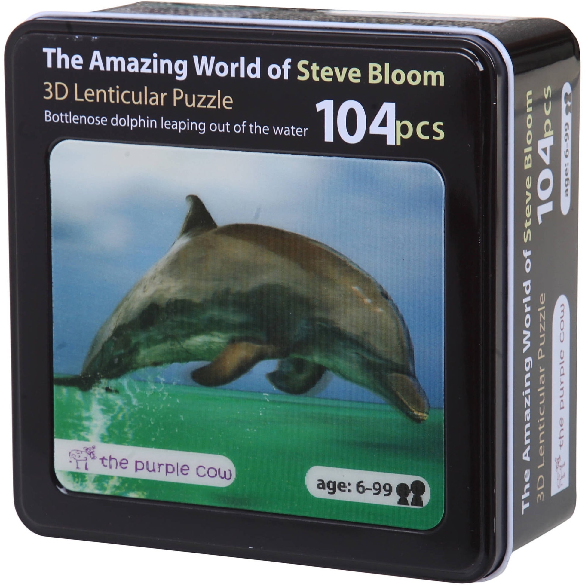 The Amazing World of Steve Bloom 3D Lenticular Puzzle box featuring bottlenose dolphin leaping out of water, 104 pieces, ages 6-99