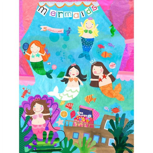 Colorful illustration featuring five cartoon mermaids in an underwater scene with fish, coral, seaweed, and a mermaid-themed building, with 'mermaids' banner at